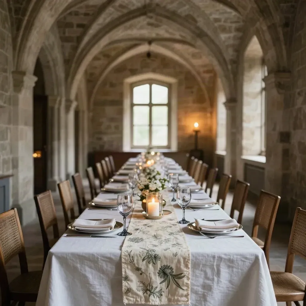 Sala in pietra allestita per una cena aziendale, tavoli lunghi e luci calde.