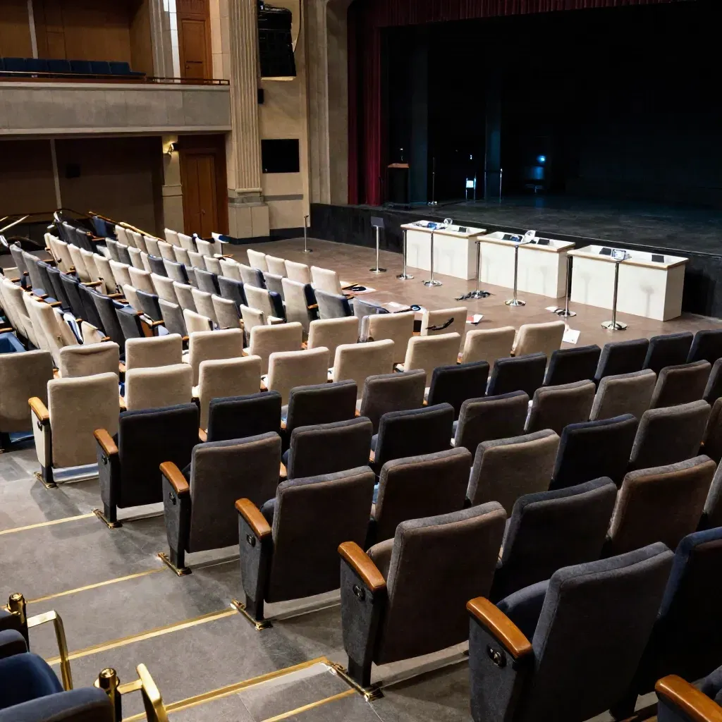 Auditorium vuoto per congresso, palco profondo e banchi registrazione sullo sfondo.