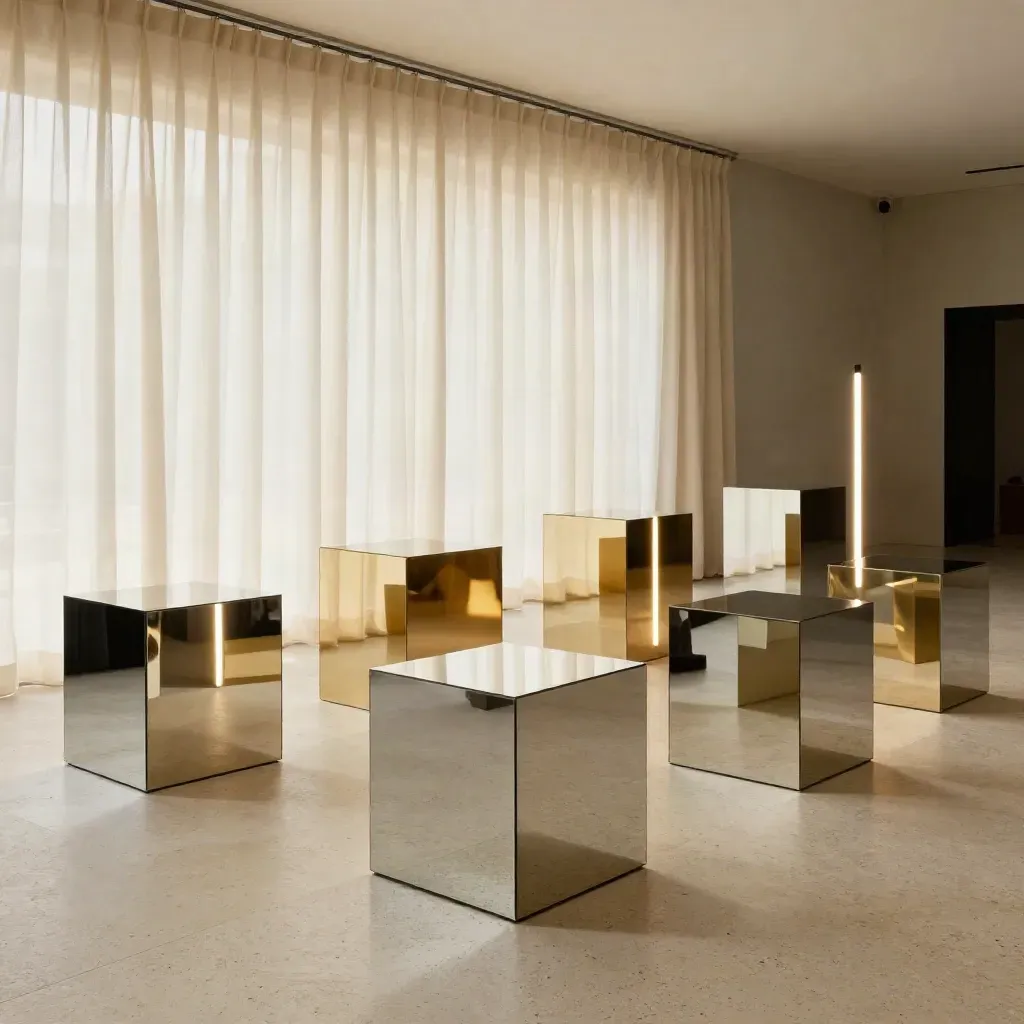 Pedane per lancio prodotto con cubi specchiati e barre luminose in una venue elegante.