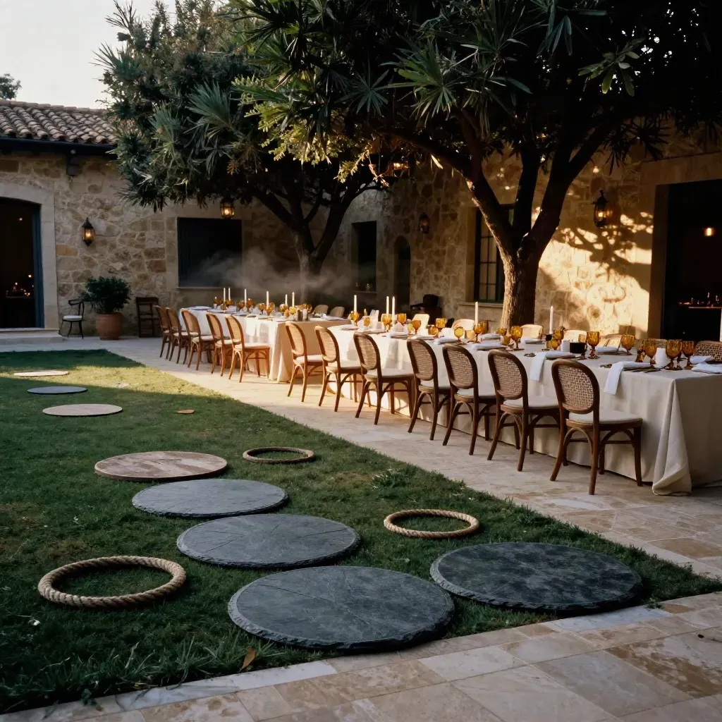 Cortile di villa allestito per team building: giochi sul prato e tavoli da cena sotto gli alberi.