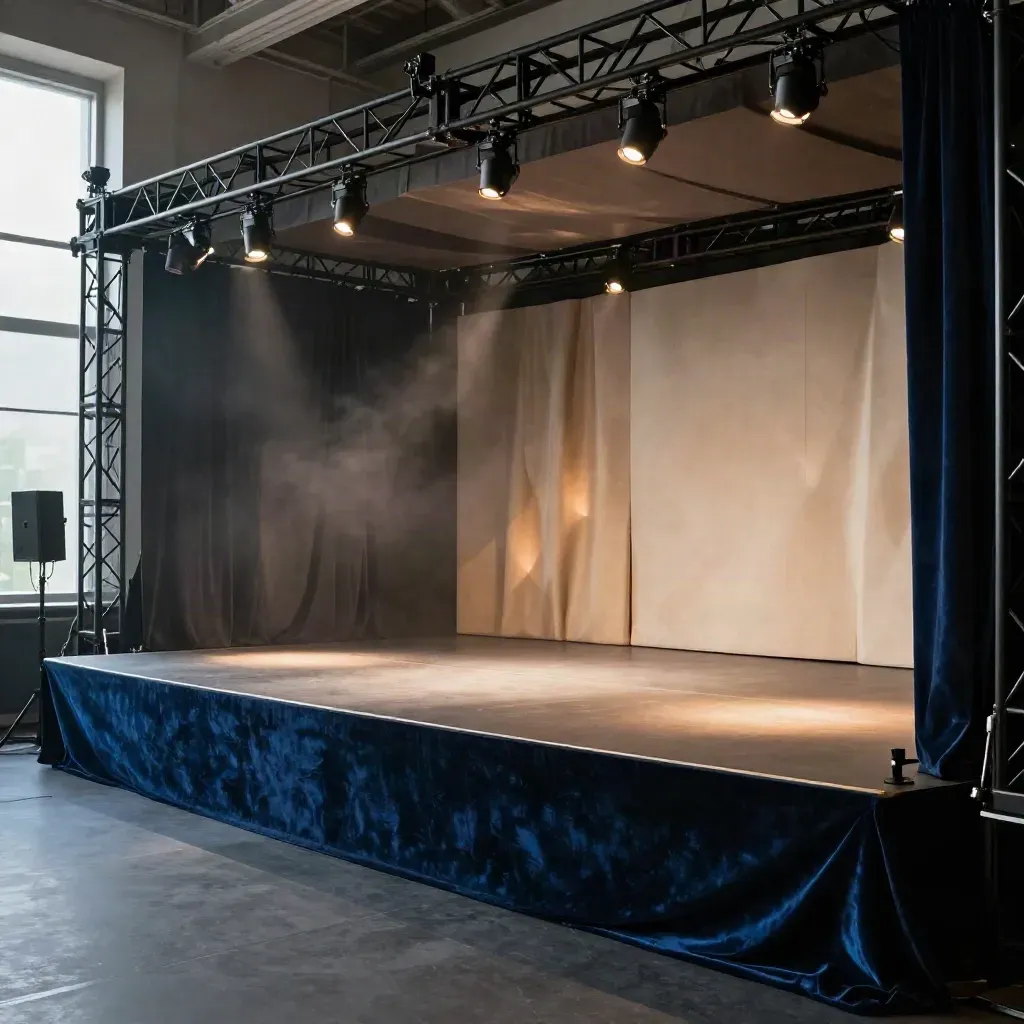 Palco modulare con truss nero e drappeggi in luce teatrale blu notte.
