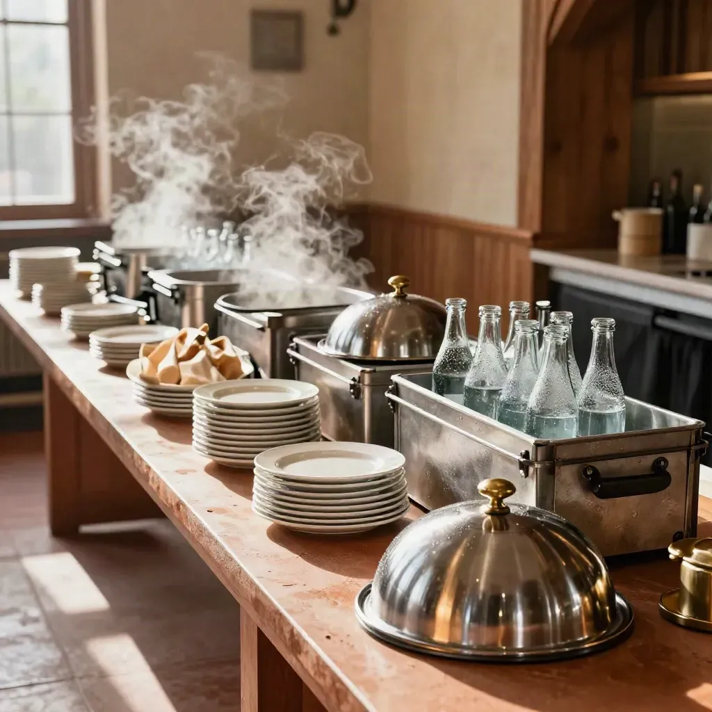 Linea catering elegante con cloche, piatti impilati, bottiglie fredde e vapore caldo.