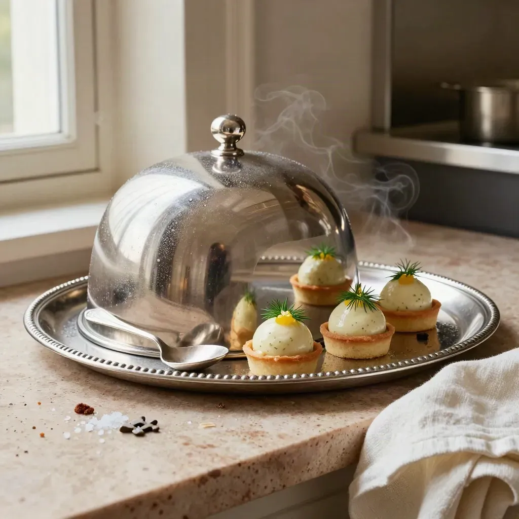 Cloche argentato, cucchiaio da assaggio e canapé su vassoio freddo con vapore.