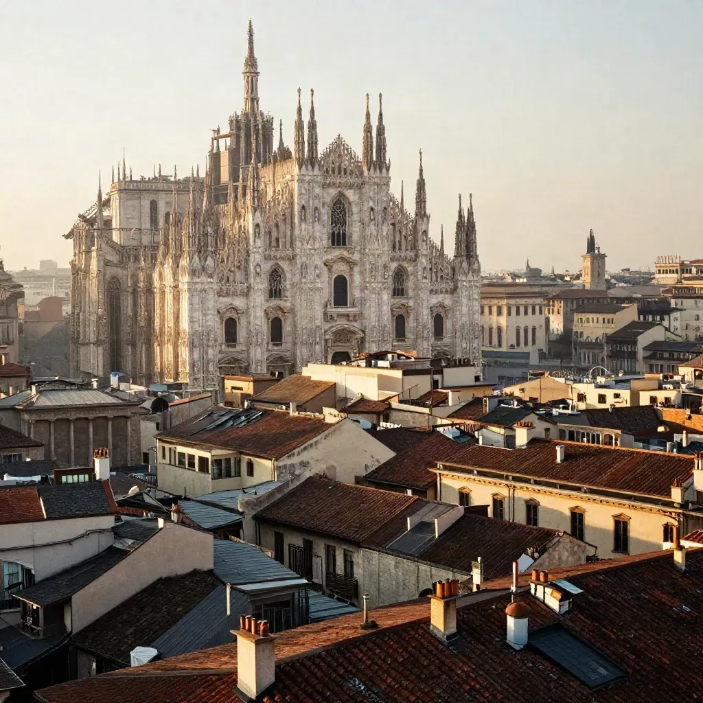 Vista di Milano con il Duomo e i tetti sotto una lieve foschia invernale