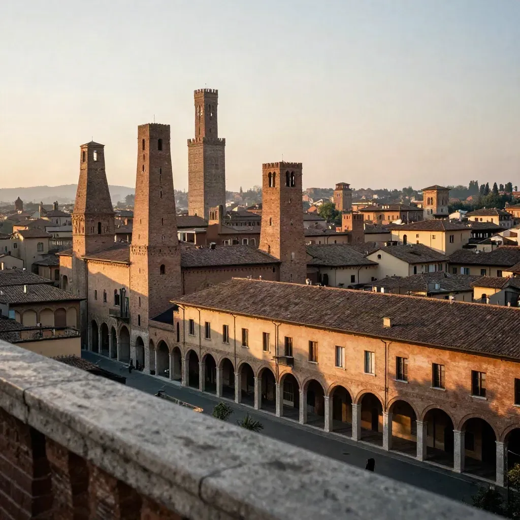 Torri di Bologna al tramonto con portici e tetti in haze caldo